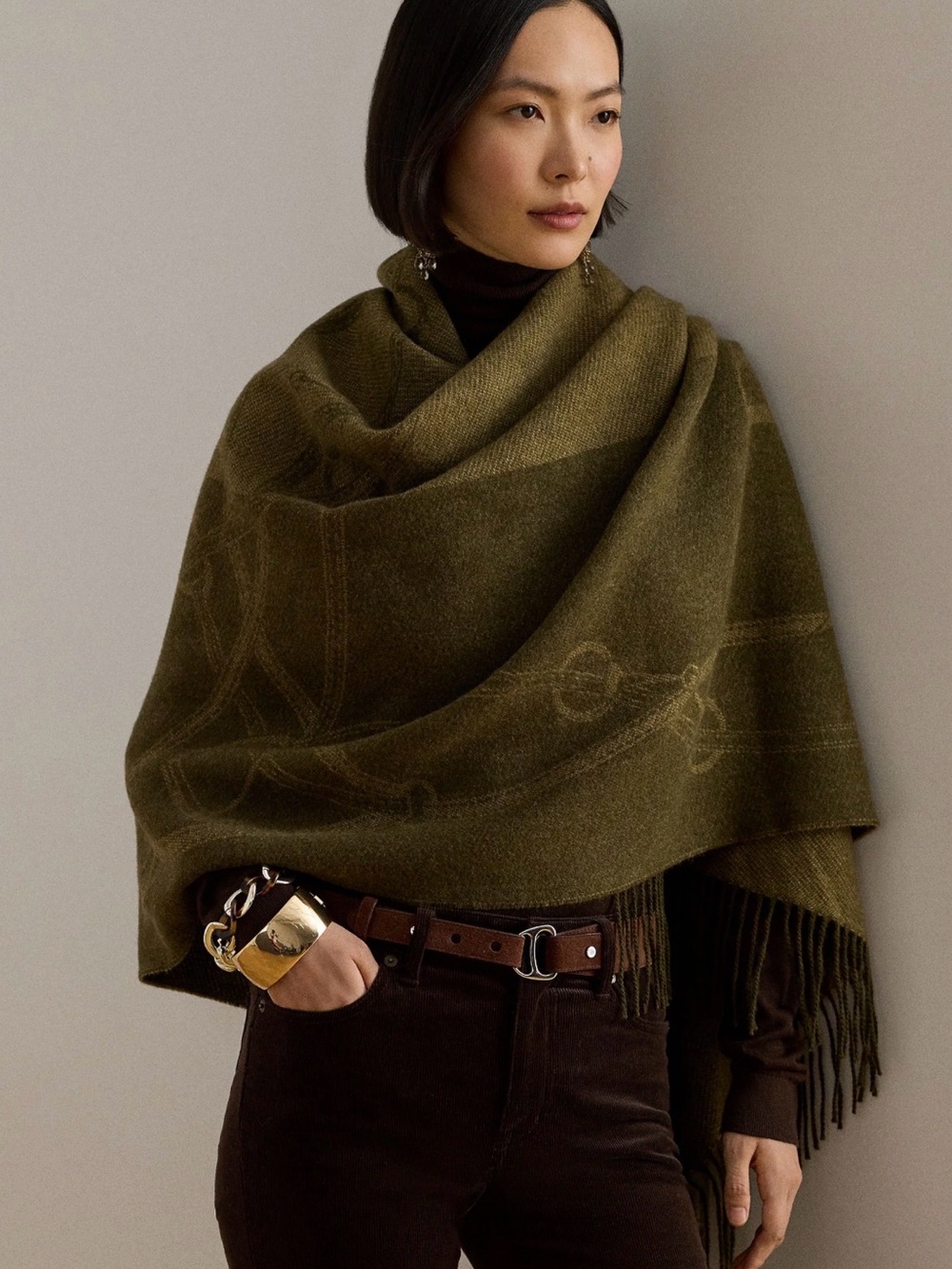 NWT Lauren By Ralph Lauren Classic Jaquard Fringed Scarf/Wrap